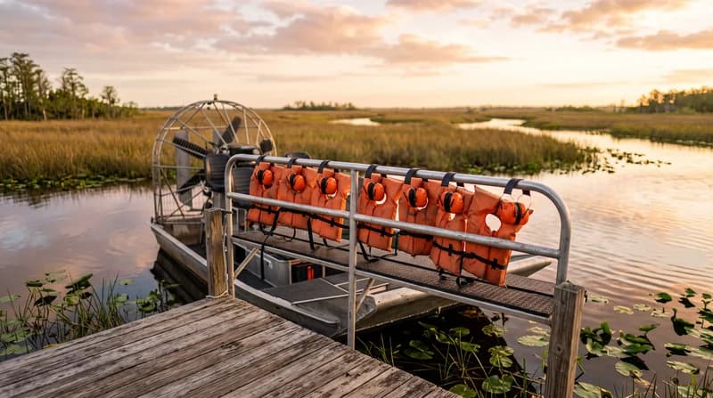 Orange ear protection and life jackets waiting on an airboat's bench seats.