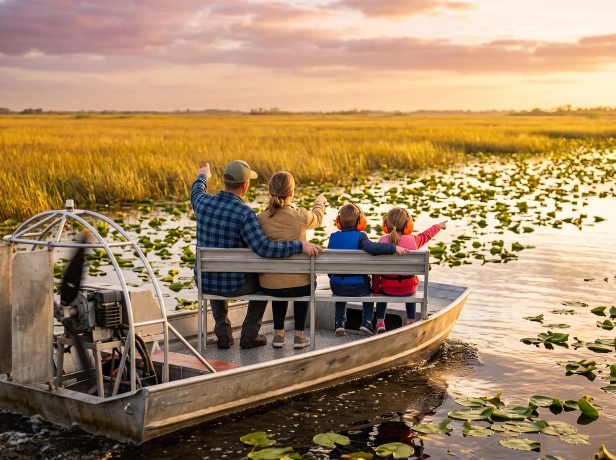 A family of four seen from behind rides an airboat across a golden marsh, the children pointing ahead. A photo from Marsh Mellow Airboats, the sample airboat tour website.