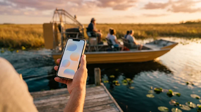 A phone showing a chat, held on a wooden dock beside an airboat.