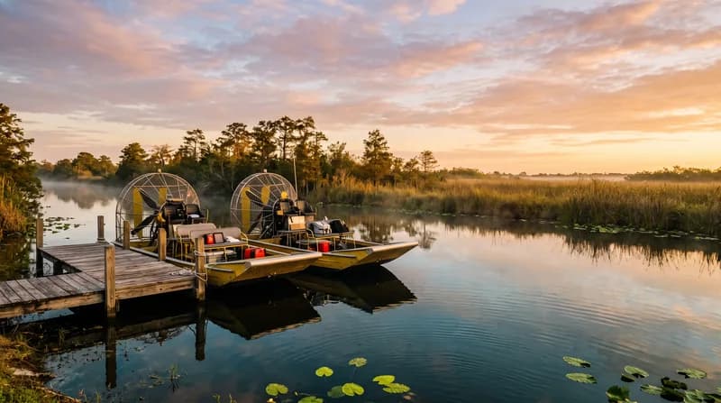 Two yellow airboats rest at a wooden dock in the first golden light.