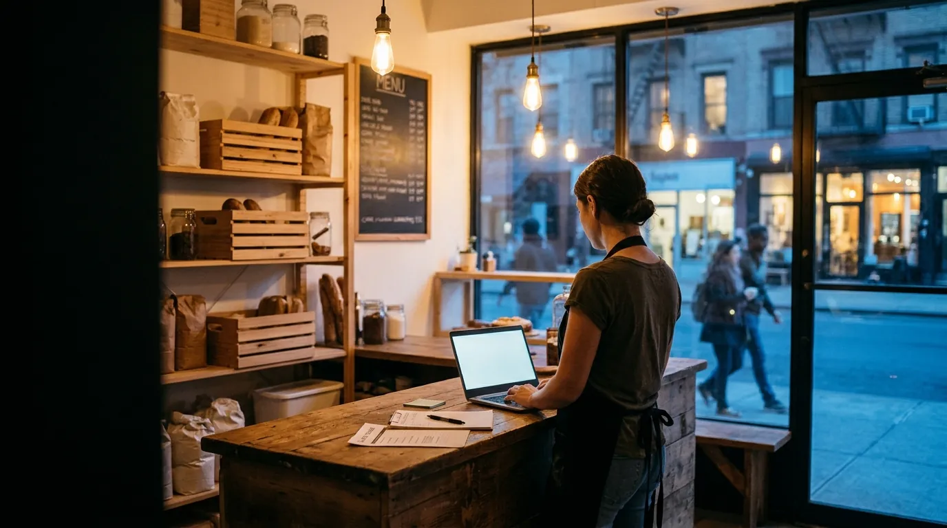 Illustration: a business owner, seen from behind, works on a laptop at a shop counter at closing time