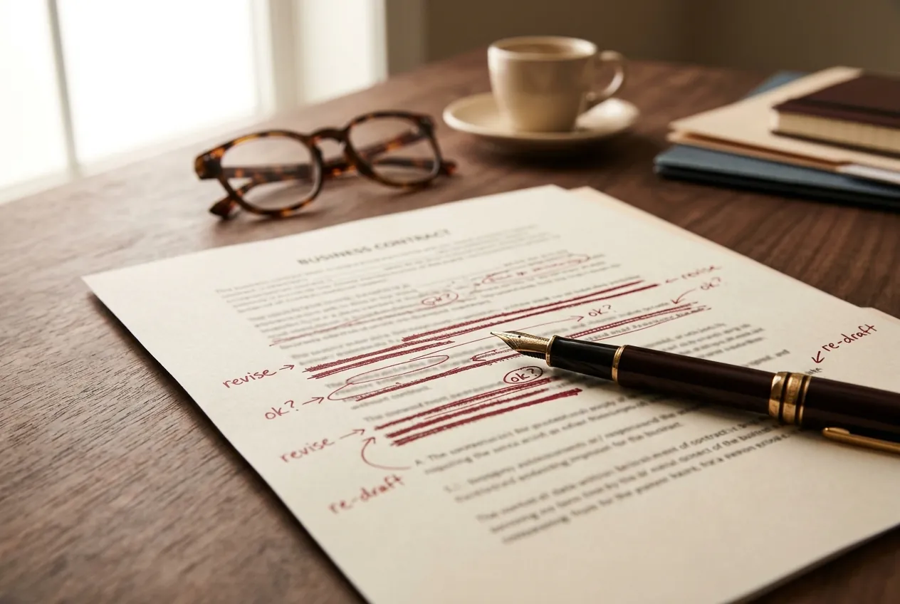 Illustration: a printed contract marked up in red pen, a fountain pen resting on it