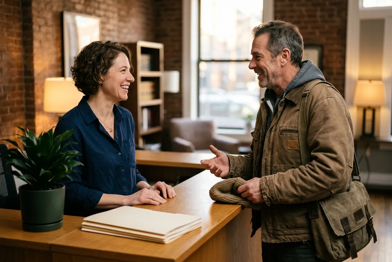 A receptionist greets a business owner at a law-office front desk. A photo from Orchard & Vale Law Group, the sample attorney website.