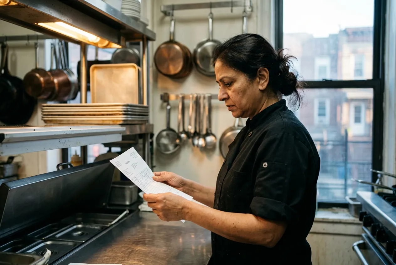 Illustration: a restaurant owner reads an invoice at the kitchen pass after service
