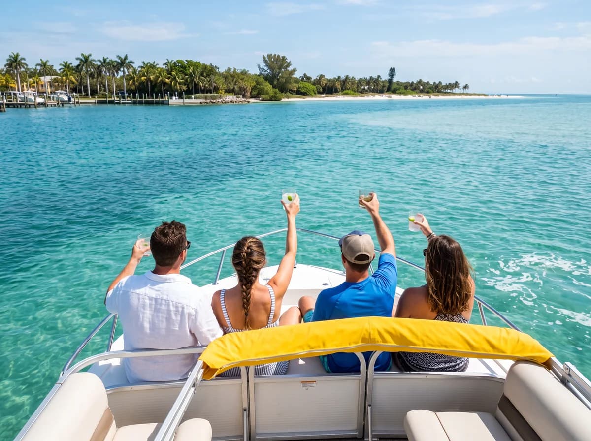 Four friends seen from behind sit on a pontoon boat's bow with drinks raised toward a turquoise bay. A photo from Tiller & Chill Boat Rentals, the sample boat rental website.