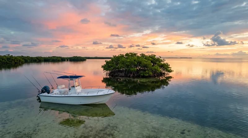 A fishing boat near a mangrove island at dawn, rods angled over calm water.