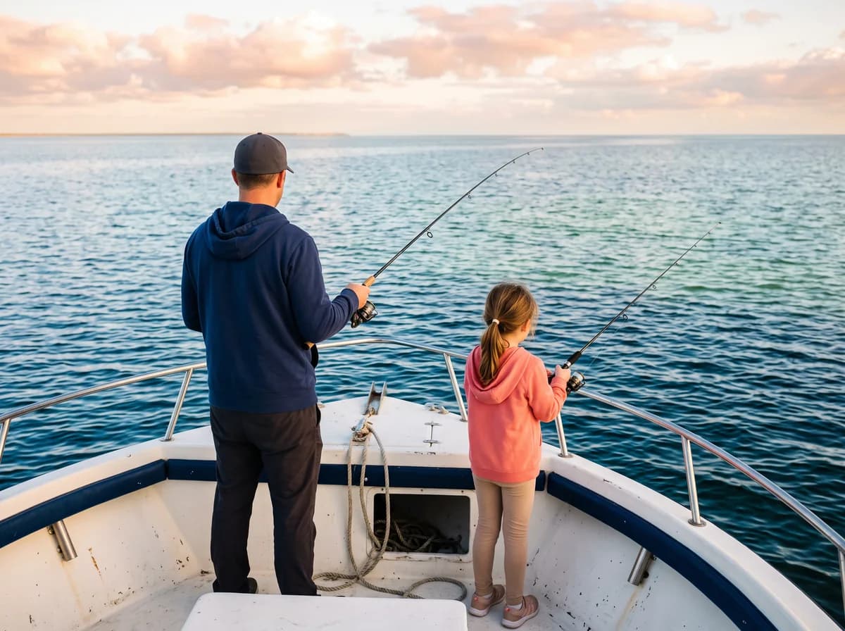 A father and daughter seen from behind hold fishing rods at the bow of a boat over bright blue water. A photo from Mile Zero Charters, the sample fishing charter website.