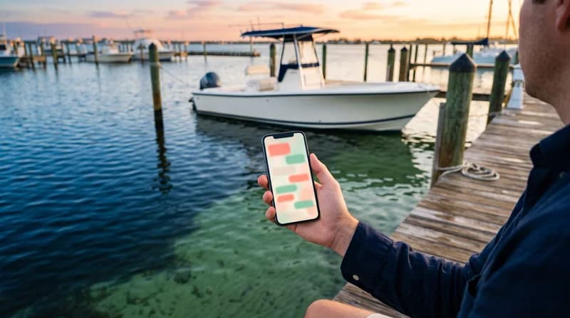 A phone showing a chat, held on a marina dock beside a white boat.