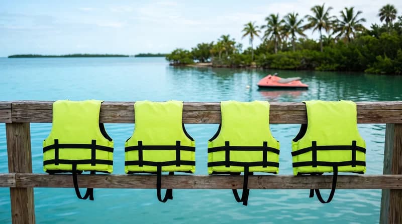 Lime life vests on the dock rail, ready for check-in.
