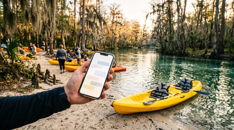 A phone showing a chat, held at a kayak launch beside a yellow kayak.