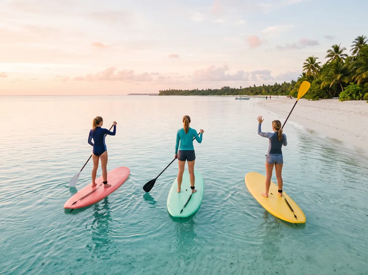 Three friends seen from behind stand on paddleboards on calm turquoise water, one waving a paddle. A photo from Slack Tide Paddle Co., the sample paddleboard tour website.