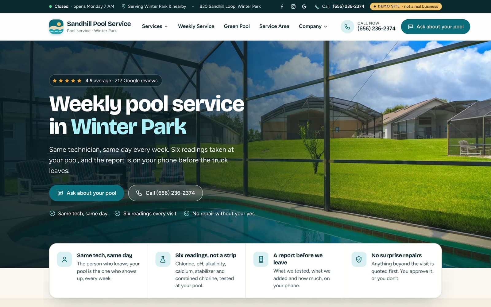 The front page of a sample pool service website we built, shown on a laptop