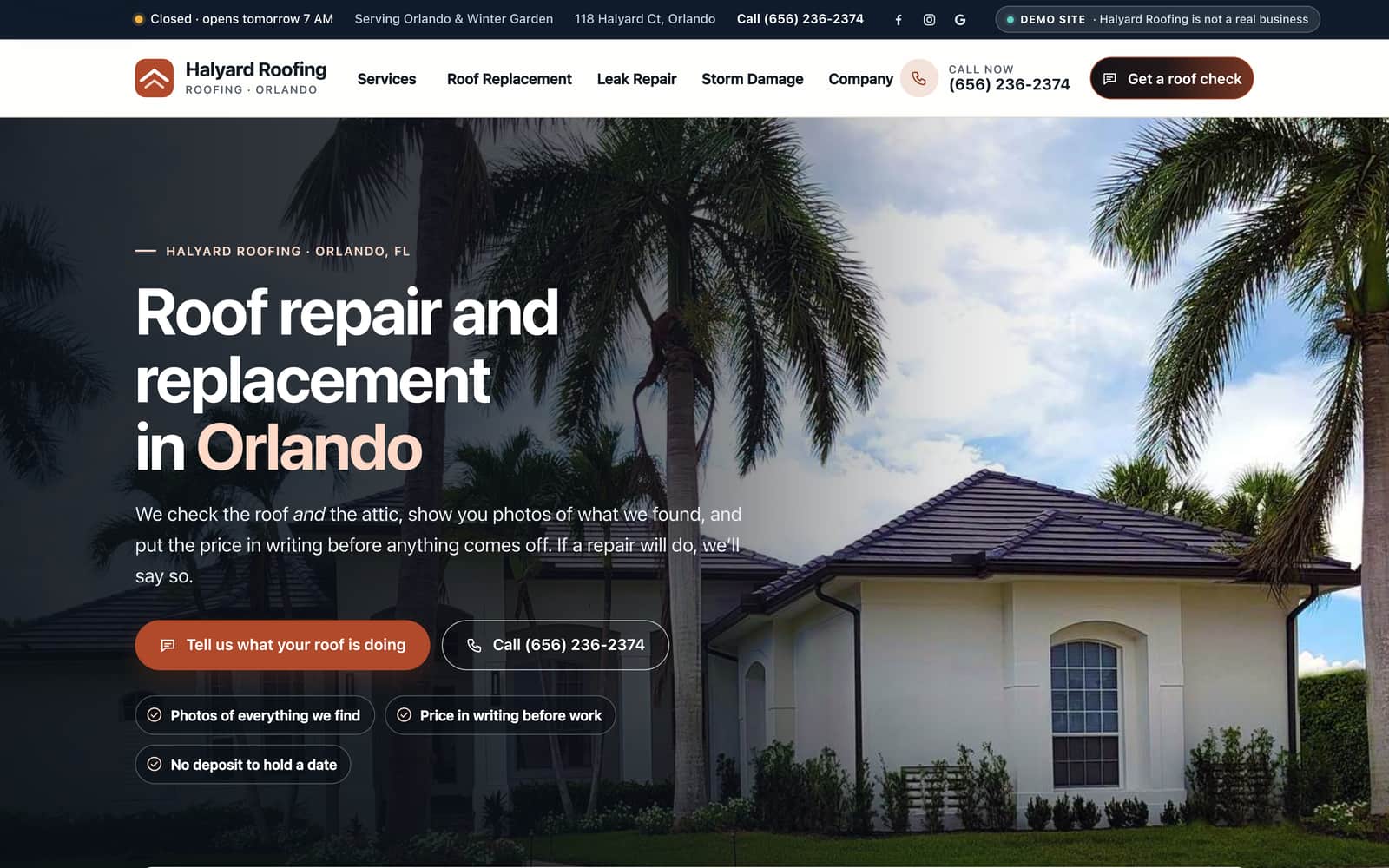 The home page of Halyard Roofing, a sample roofing website we built, on a laptop