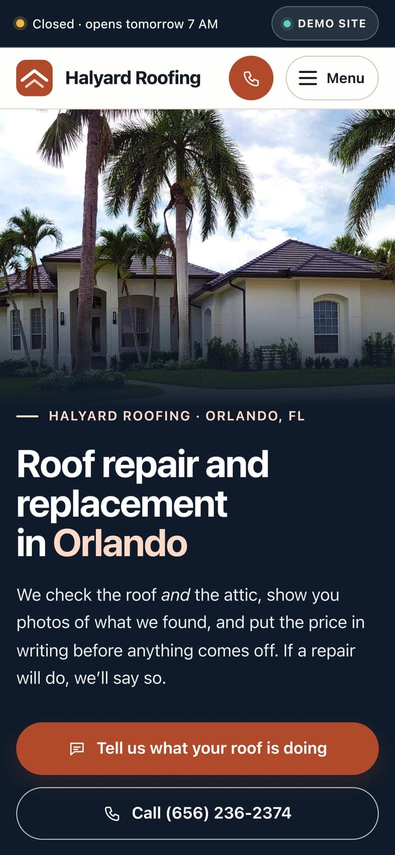A roofing company's home page we built, on a phone