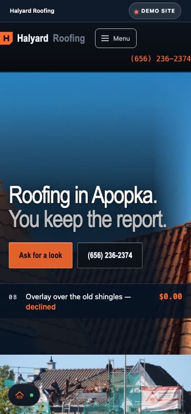The same page on a phone — Halyard Roofing.