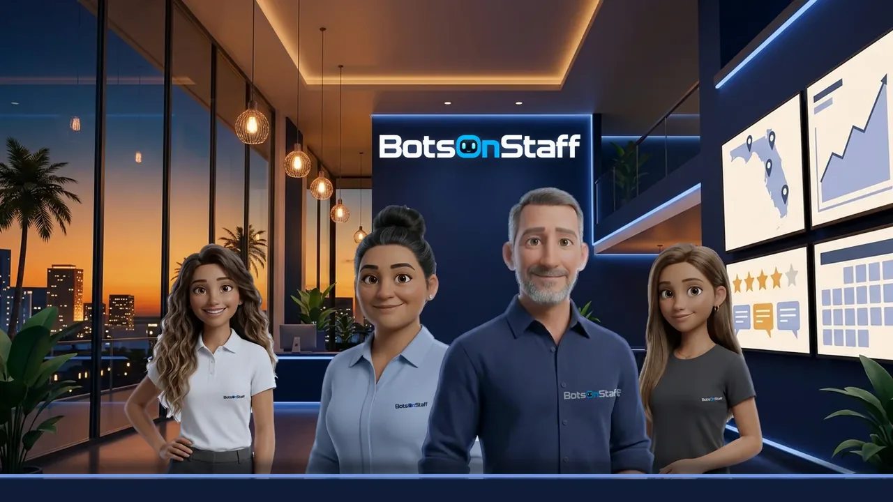 The Bots on Staff team, two owners and their two daughters, illustrated, together in their office