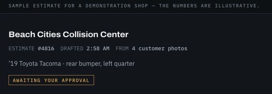 An example estimate drafted from four customer photos, marked awaiting your approval