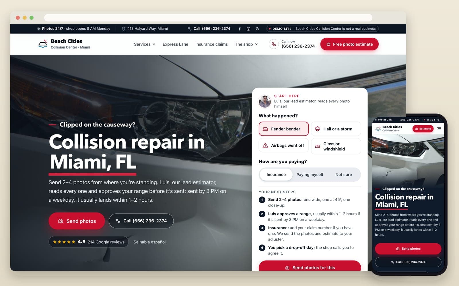 Home page of the Beach Cities Collision sample website on a laptop and a phone: a collision repair headline over a photo of a damaged car, send-photos and call buttons, and a what-happened chat card.