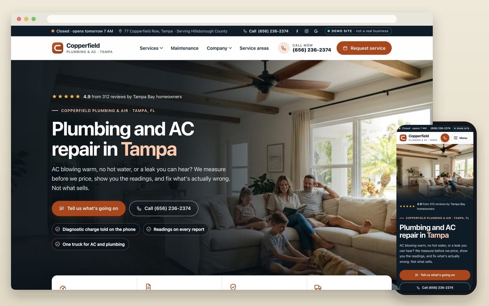 Home page of the Copperfield Plumbing and Air sample website on a laptop and a phone: a plumbing and AC repair headline over a family on a sofa, a describe-the-problem button, a call button and four reasons to call.