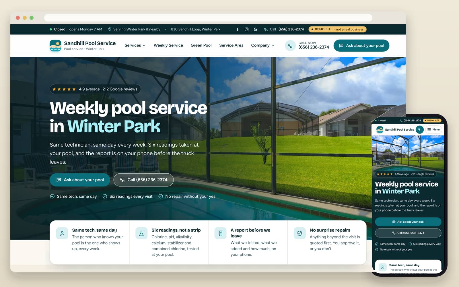 Home page of the Sandhill Pool Service sample website on a laptop and a phone: a weekly pool service headline over a screened pool, an ask-about-your-pool button, a call button and four reason cards.