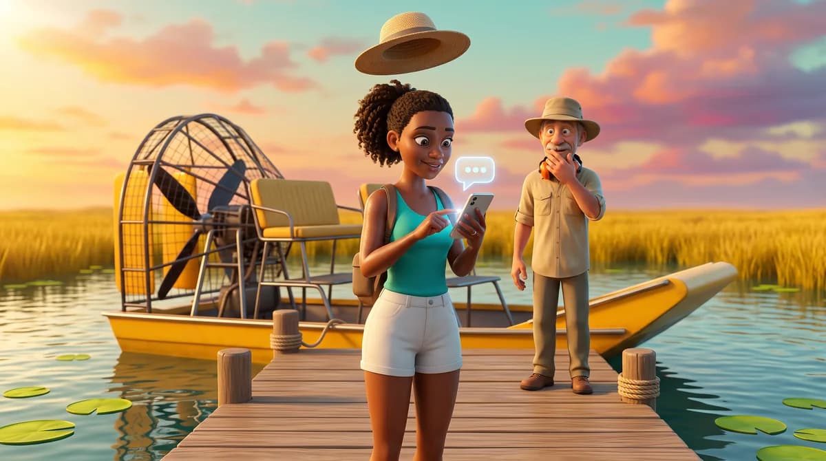 Illustration: a guest taps a chat button on her phone at the dock while her straw hat floats up in the airboat's breeze and the guide stifles a laugh.