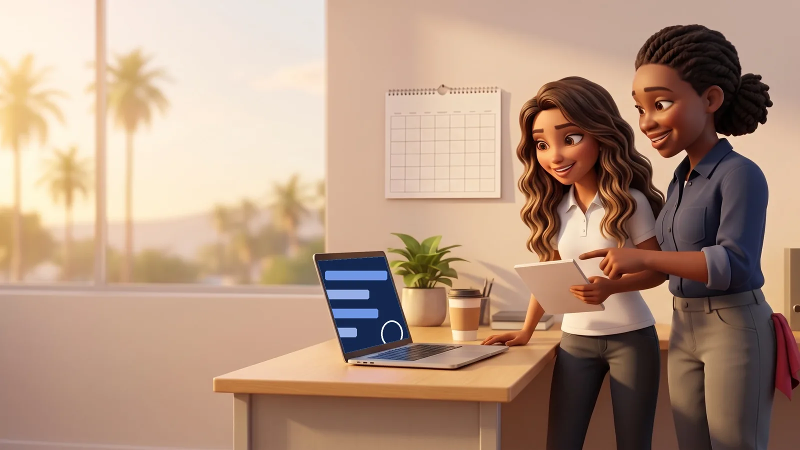 A body shop owner and her marketing teammate look at results on a laptop beside a wall calendar