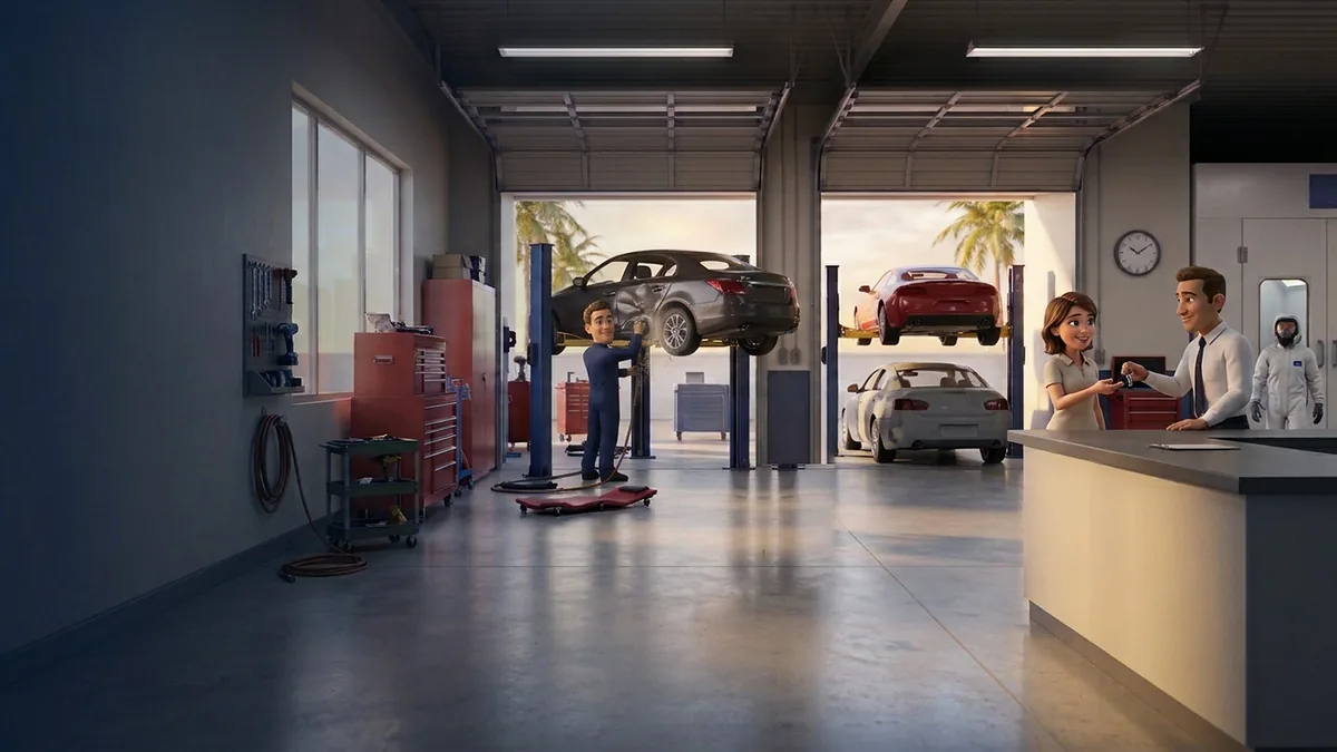 The same auto body shop busy: cars on lifts, a technician sanding a door and an estimator handing over keys.