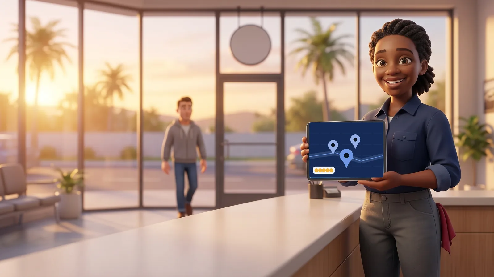 A body shop owner holds up a tablet showing a map with pins as a customer walks in