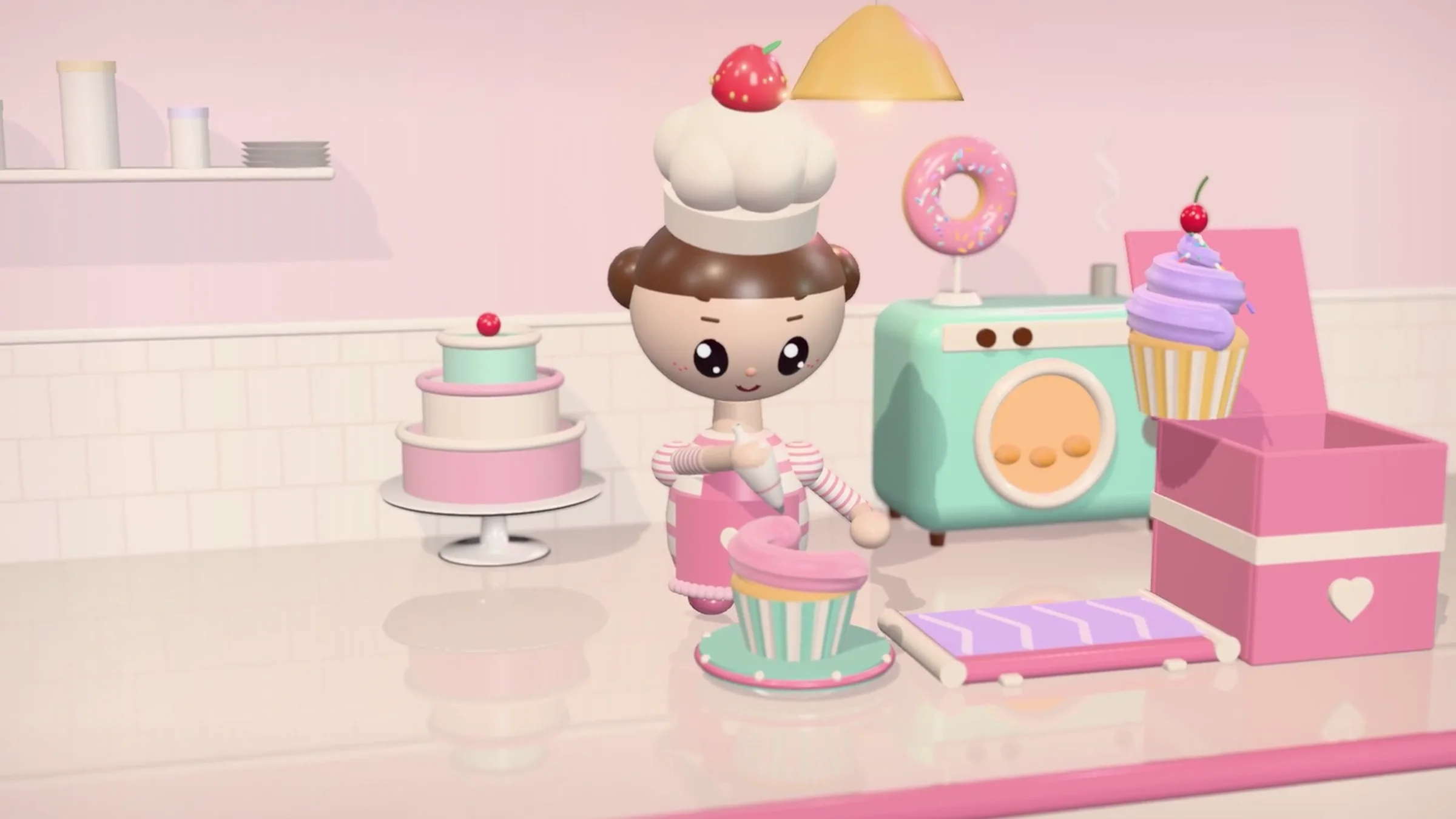 Illustration: a cheerful cartoon baker in a strawberry-topped chef hat pipes pink frosting onto a cupcake at a pastel-pink bakery counter, beside a mint oven, a cherry-topped cupcake and an open pink cake box.