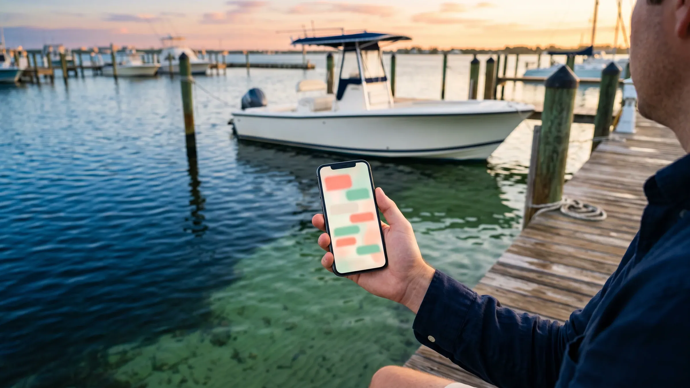 A hand holds a phone showing a chat on a marina dock, a white fishing boat blurred behind.