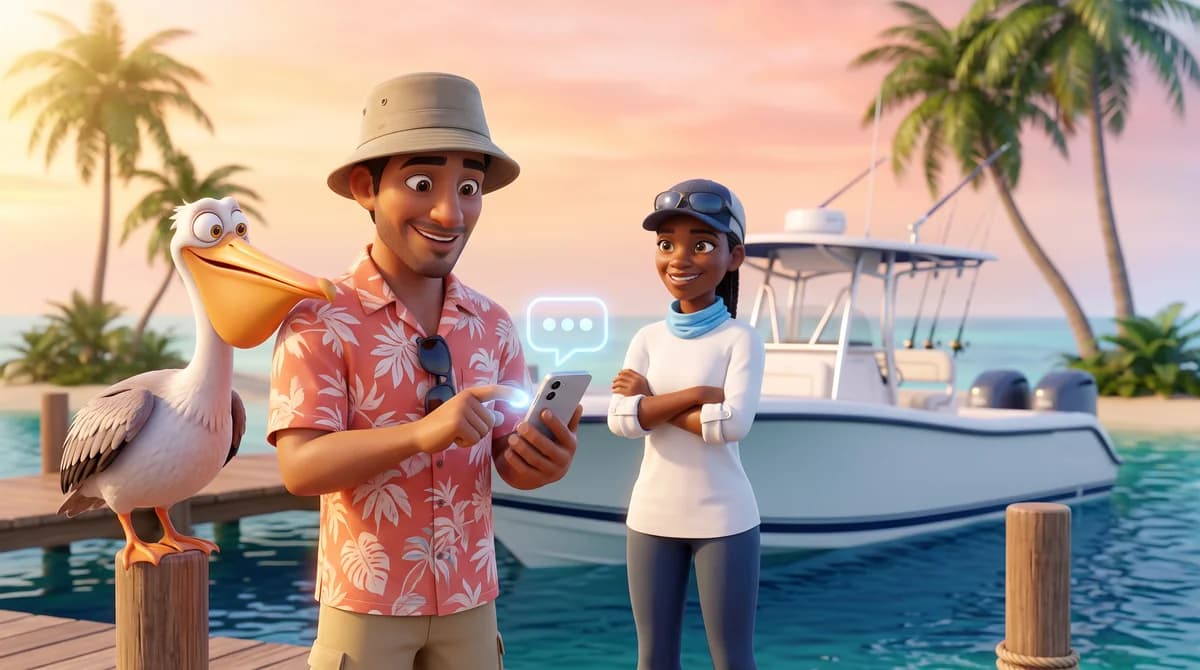 Illustration: a guest taps a chat button on his phone at the marina dock while a curious pelican peers over his shoulder and the captain smiles.
