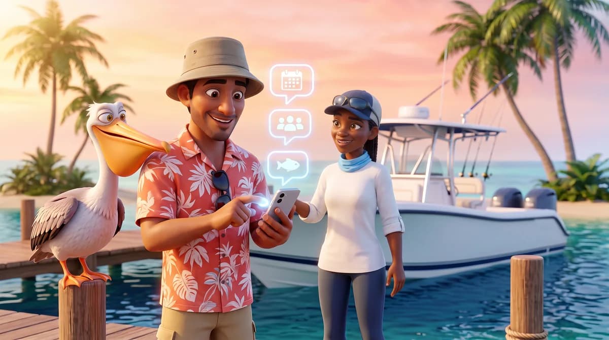 Illustration: the guest types on his phone while three abstract question bubbles float above it, the captain and the pelican both raising an eyebrow in approval.