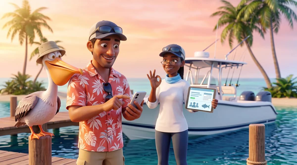 Illustration: the captain in reading glasses admires a neat abstract trip card on a tablet while the guest looks on and the pelican models his bucket hat.