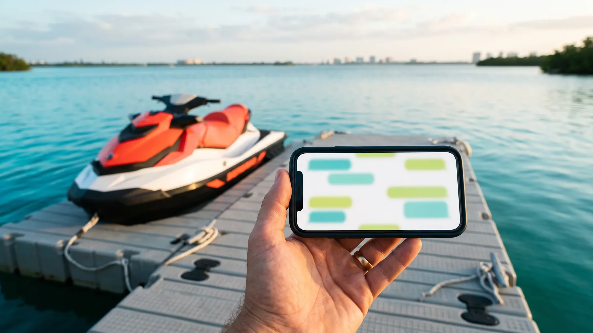 A hand holds a phone showing a chat on a jet ski dock with a coral jet ski blurred behind.