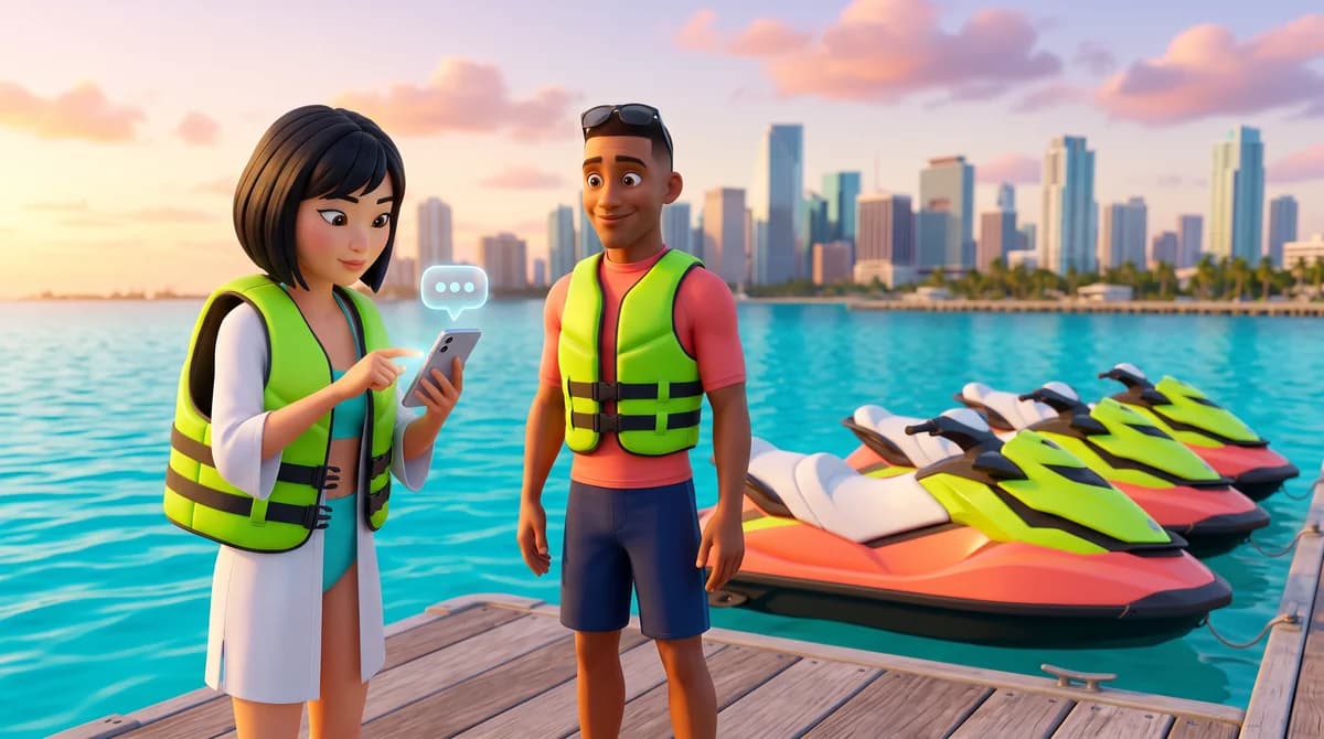 Illustration: a guest taps a chat button on her phone at the jet ski dock while her oversized life vest rides up to her ears and the host stifles a laugh.