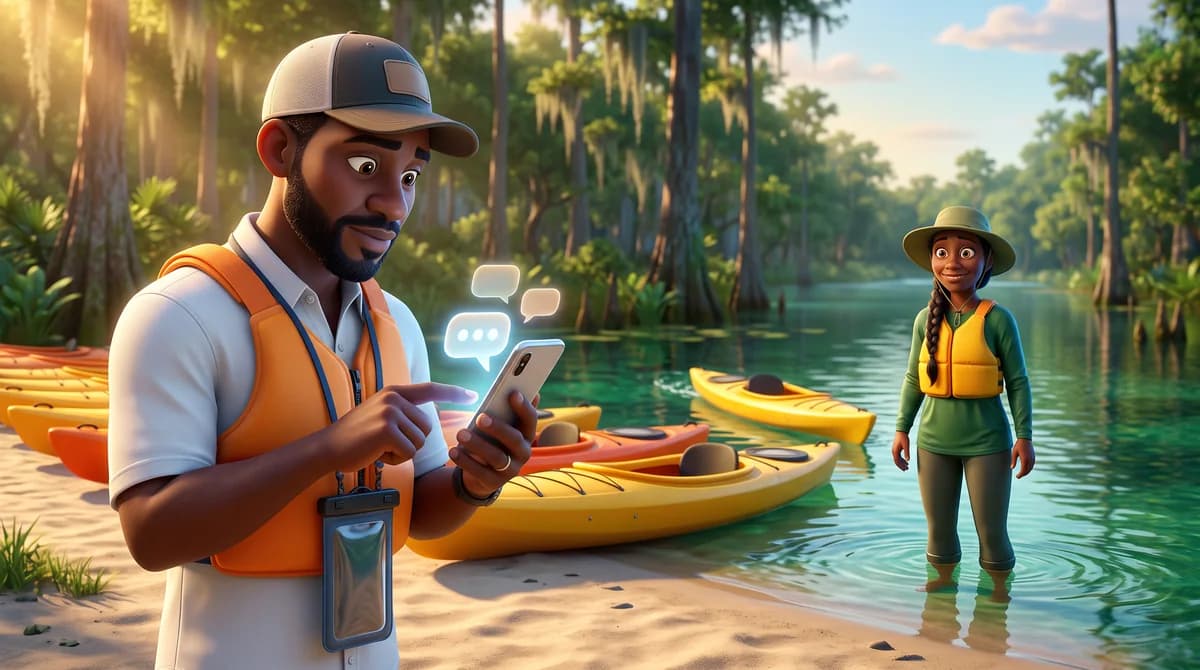 Illustration: a guest taps a chat button on his phone at the kayak launch while his kayak drifts away behind him unnoticed and the guide stifles a laugh.