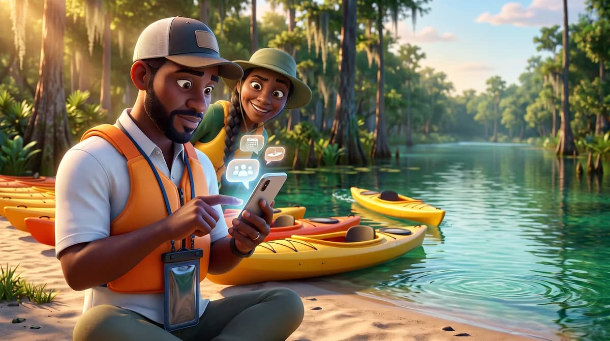 Illustration: the guest types on his phone while three abstract question bubbles float above it and the guide raises an eyebrow in approval.