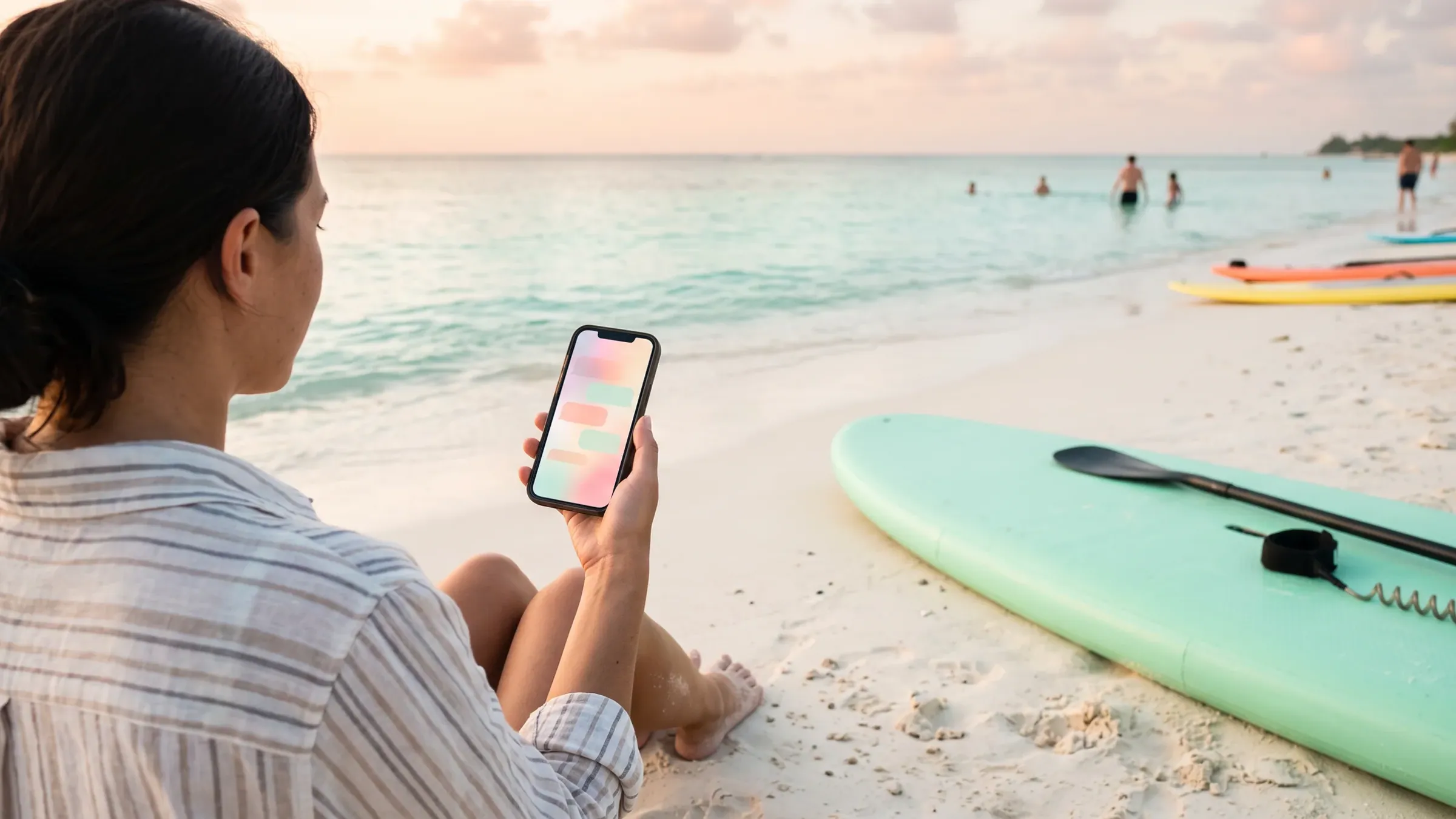 A hand holds a phone showing a chat on a beach beside a paddleboard with calm water behind.