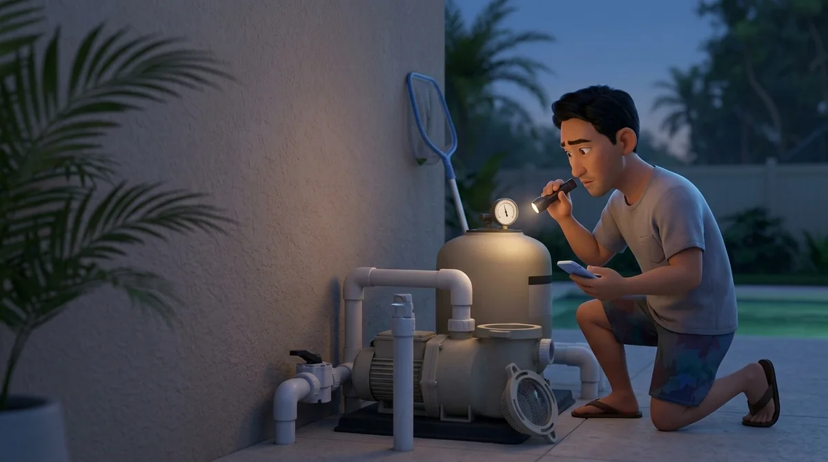 A homeowner kneels at a pool equipment pad with a phone and a flashlight, studying the pump and the filter