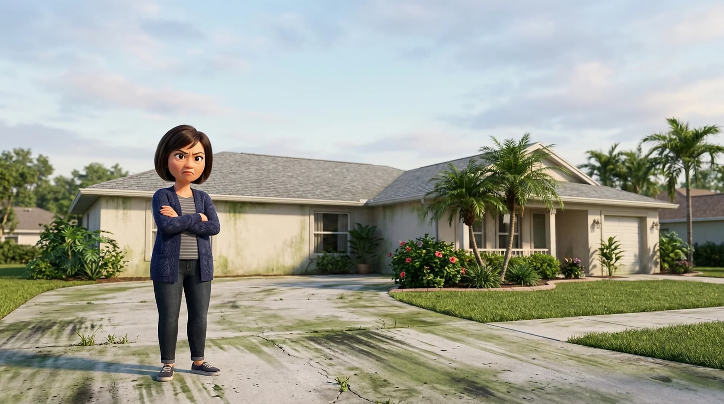 Illustration: a homeowner with a comically sour frown and folded arms stands on a driveway streaked with green algae and black mildew, in front of a mildew-stained house wall.