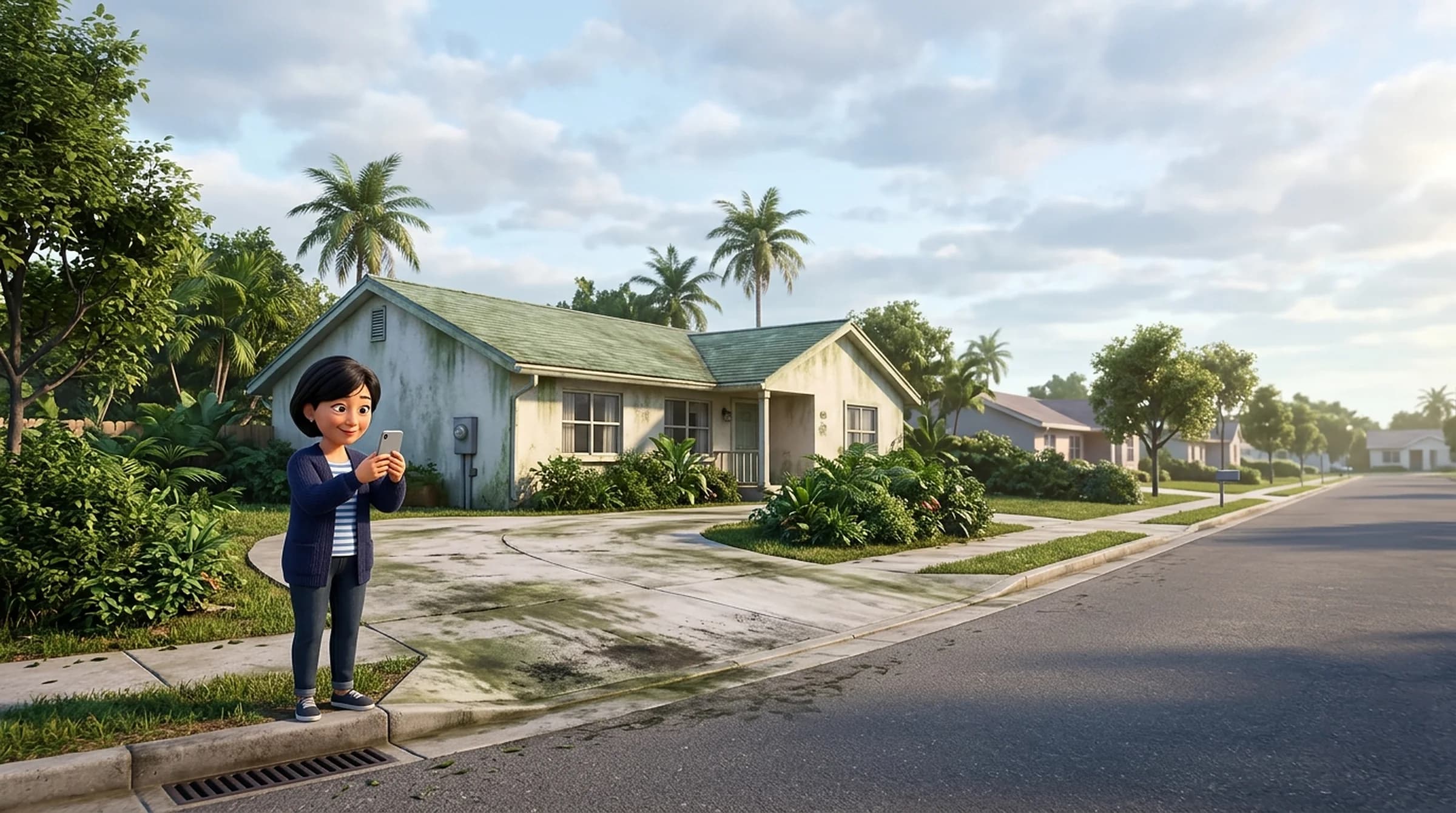 Illustration: a homeowner in a navy cardigan stands on the curb holding up a silver phone, looking across a quiet street at her algae-stained driveway and mildew-streaked house wall.