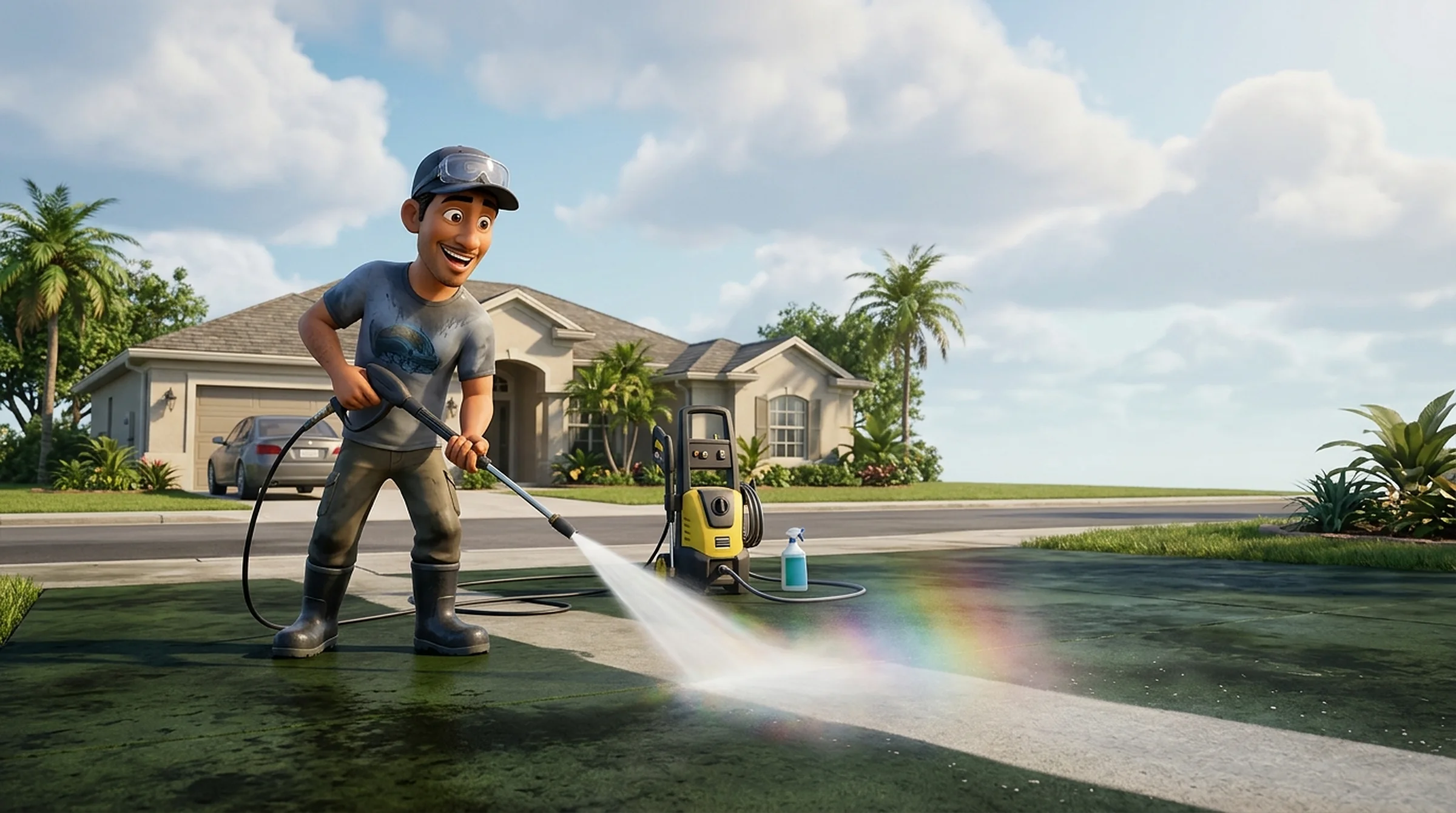 Illustration: a grinning pressure washing pro in a cap and boots blasts a fan of spray and rainbow mist across an algae-stained driveway, leaving one crisp clean stripe through the dirt.