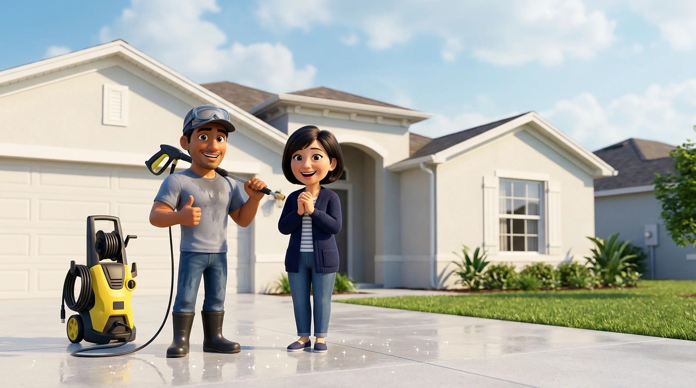 Illustration: a pressure washing pro gives a thumbs-up and a delighted homeowner clasps her hands in front of a sparkling clean house and a wet-gleaming driveway.