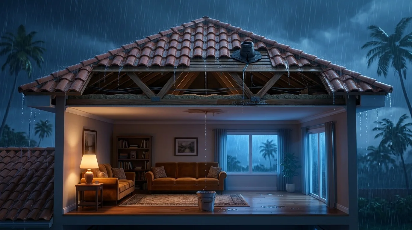 Illustrated cutaway: rain getting in at a split pipe boot, through the attic and the ceiling into a bucket