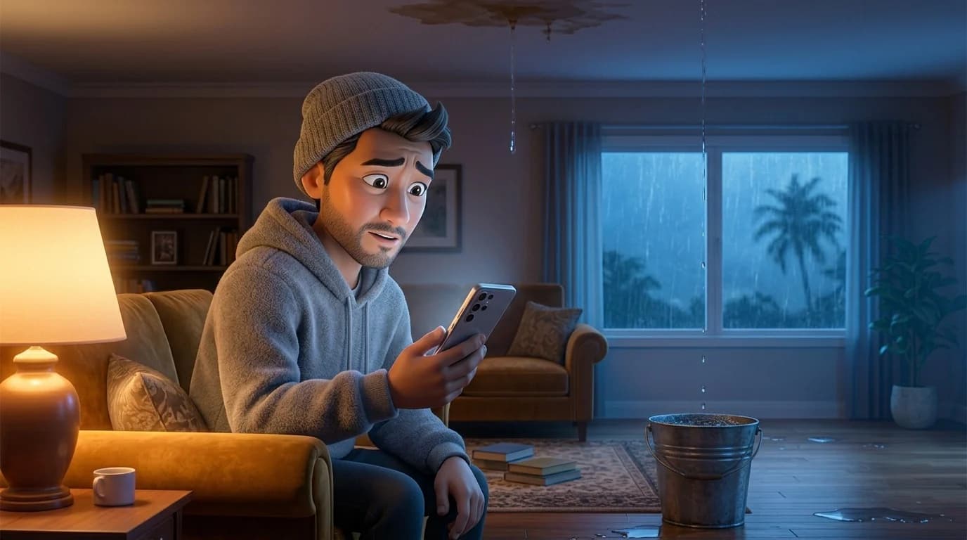 Illustration: a worried homeowner on the couch at night, phone in hand, water dripping from a brown ring in the ceiling into a bucket