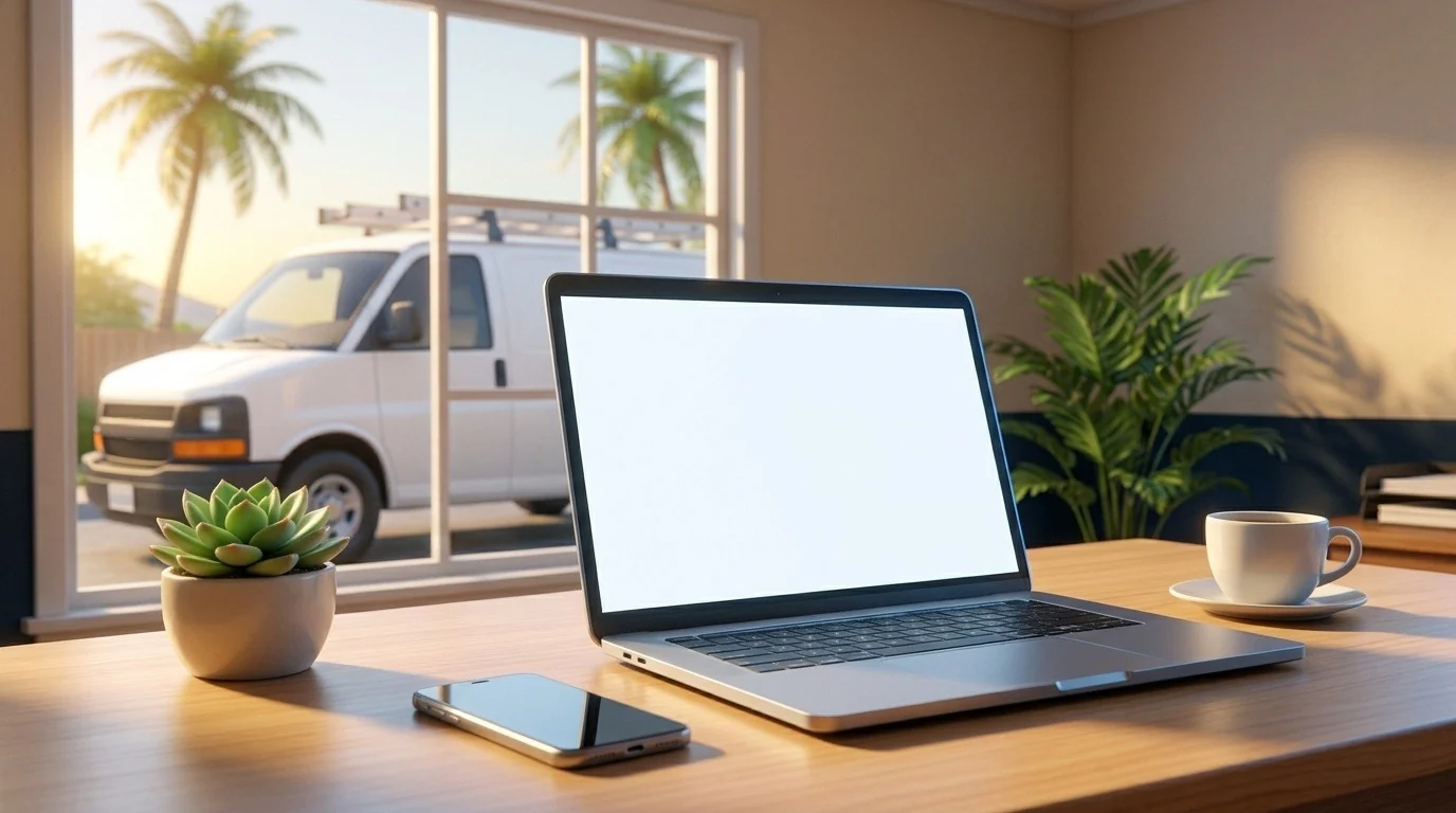 Illustration: a laptop on a sunny desk in the morning, a white work van parked outside the window