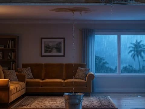 Illustration: a ceiling stain dripping into a bucket in a lamp-lit living room at night
