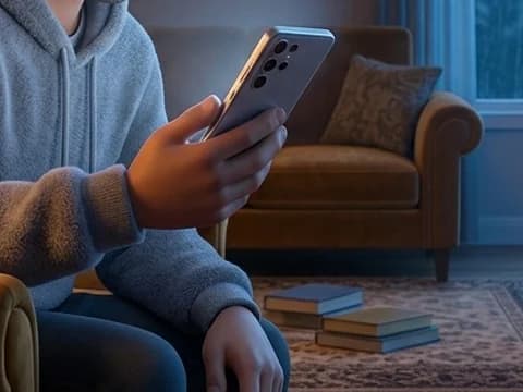 Illustration: a hand holding a phone at night in a living room
