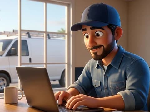 Illustration: the roofer typing at a laptop at his desk, his van outside