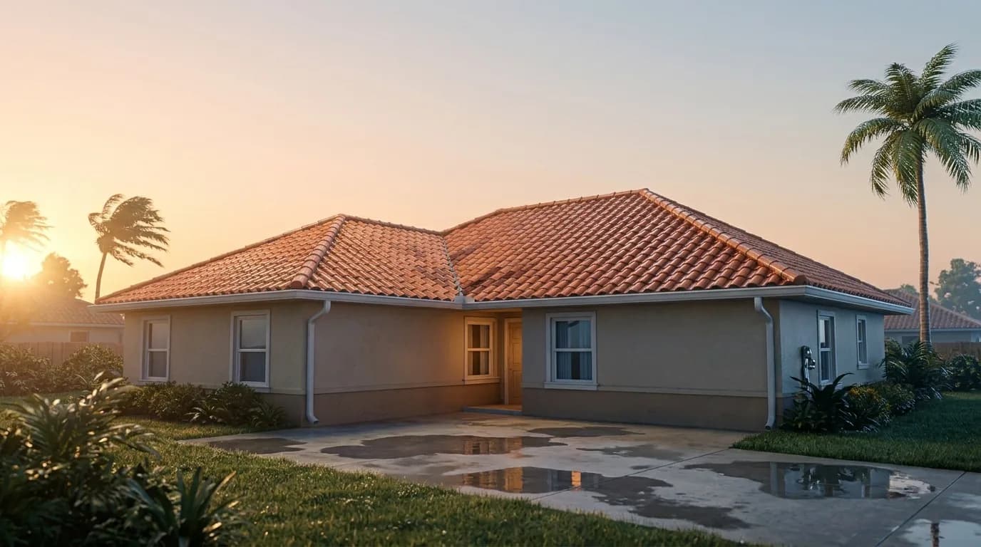 Illustration: the same tile-roof home at dawn after the storm, dry, with puddles on the driveway and palms against a clear sky